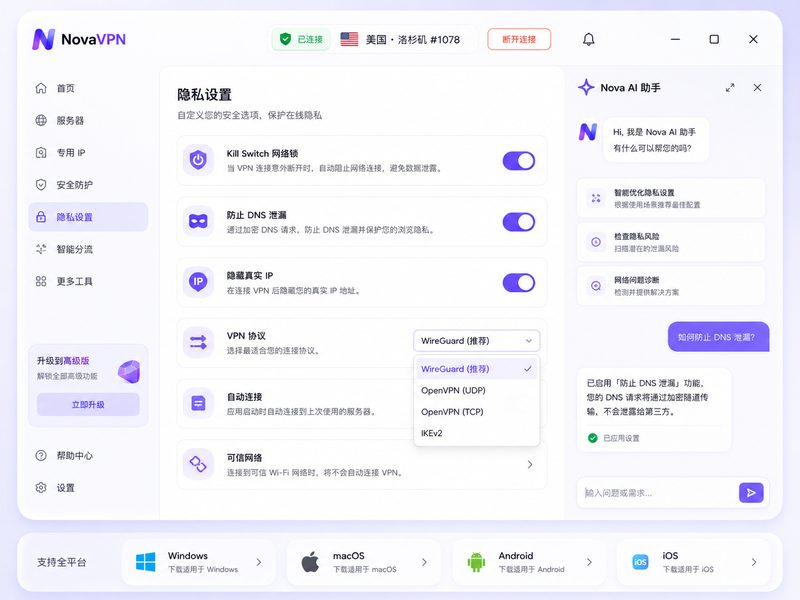 NovaVPN高级隐私设置面板，展示Kill Switch断网保护与DNS防泄露功能