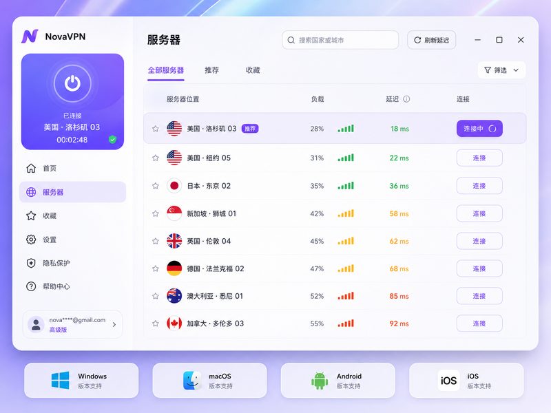 NovaVPN全球节点测速与低延迟网络仪表盘界面